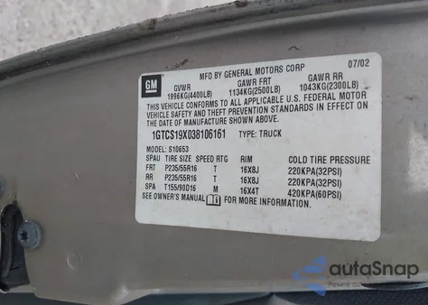 2003 GMC Sonoma Sls z USA, uszkodzony, nr VIN 1GTCS19X038106161